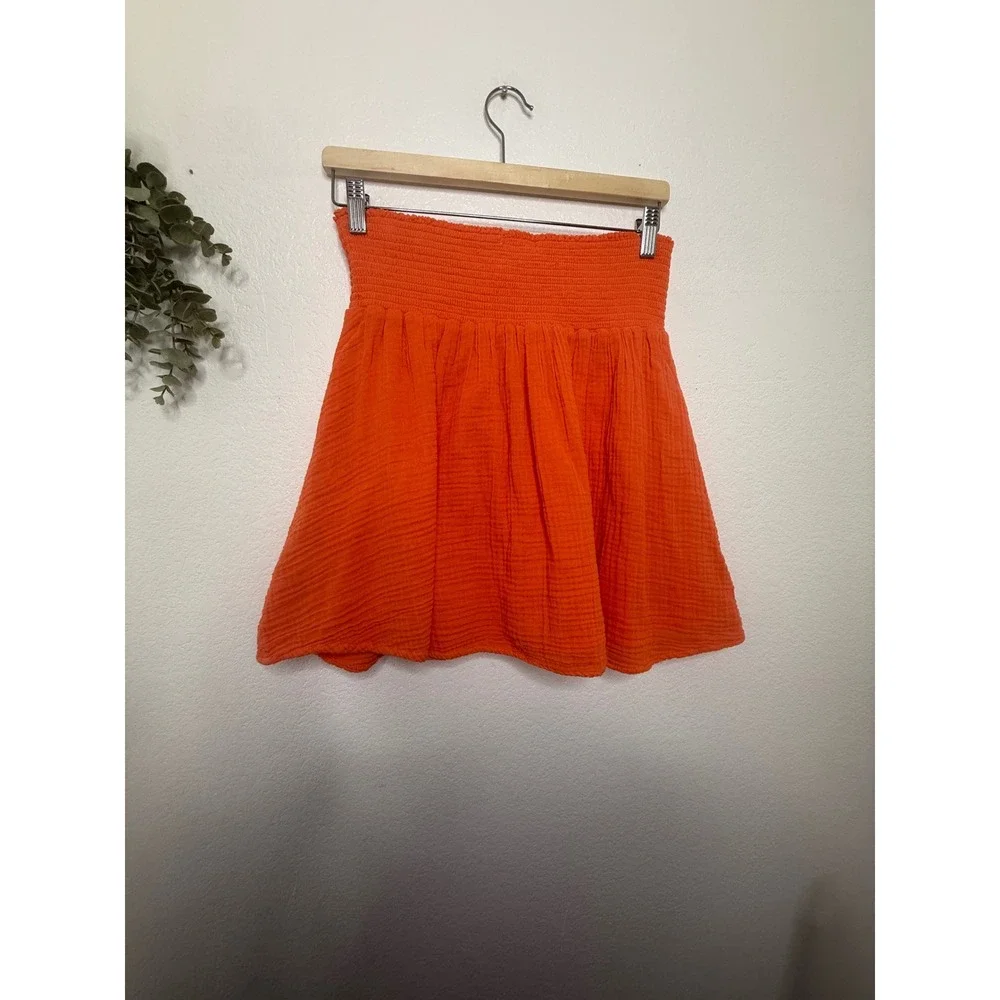 Michael Stars Havana Smocked Mini Skirt Heatwave Orange Cotton Gauze Size M NEW